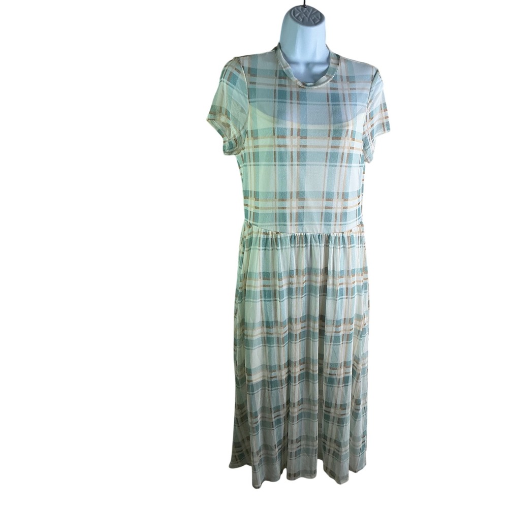 AUW Women Blue Tan Plaid Mesh Overlay Midi‎ Dress Short Sleeve XL A317200816